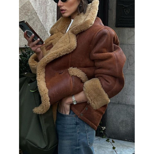 Damen Oversize Lammfell‑Optik Fliegerjacke mit voluminösem Schalkragen Drune