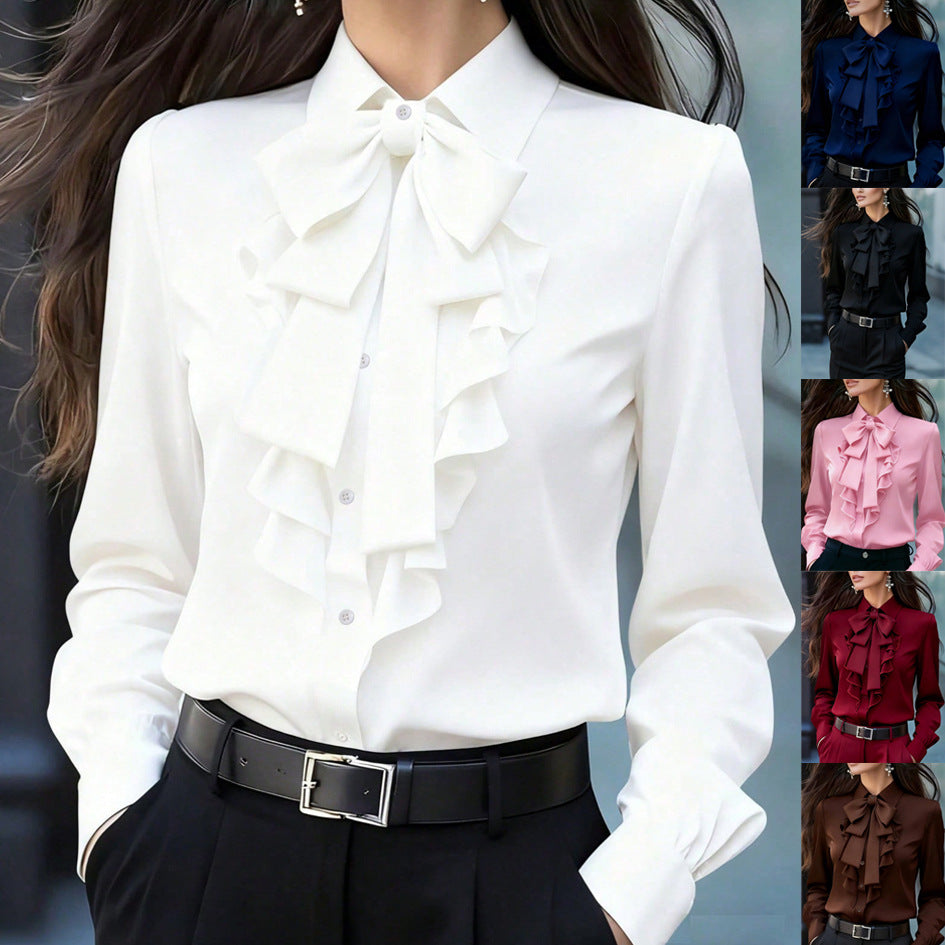 Damen Rüschenbluse mit Schleifenkragen und Volantfront Drune