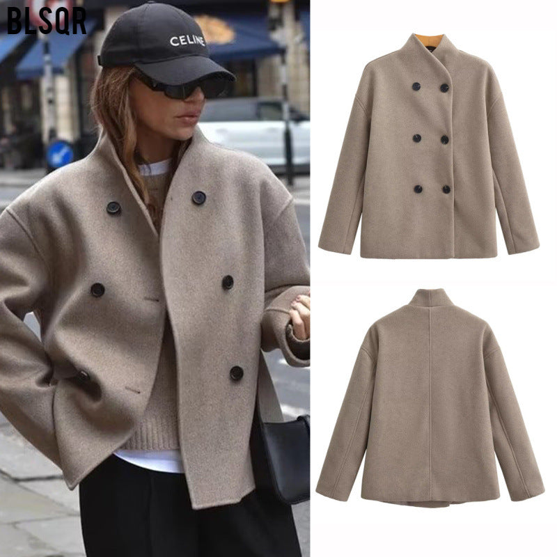 Damen Oversized Doppelreihiger Wollmantel mit Stehkragen Drune