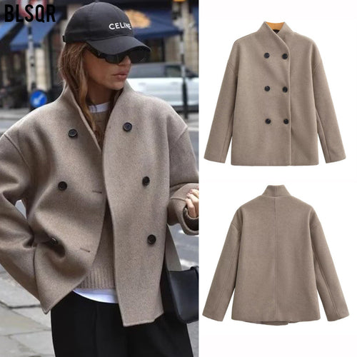 Damen Oversized Doppelreihiger Wollmantel mit Stehkragen Drune