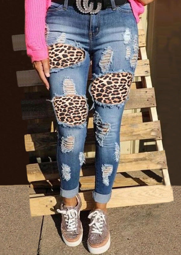 Damen skinny Jeans mit Leoparden-Patch und Vintage-Effekten Drune