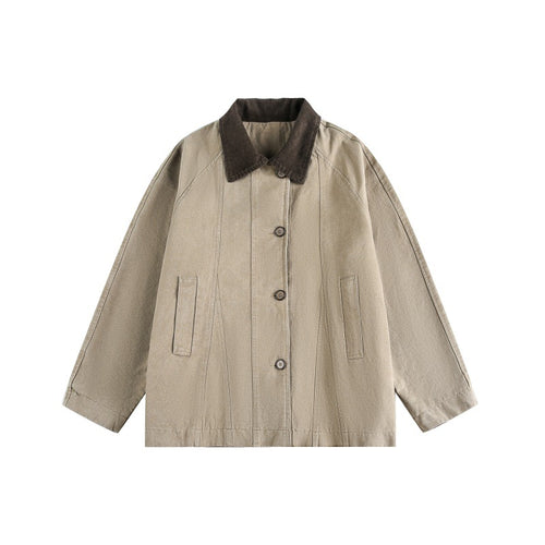 Unisex Kurz geschnittener Boxy-Jeansblouson mit Cordkragen und tonalen Ziernähten Drune