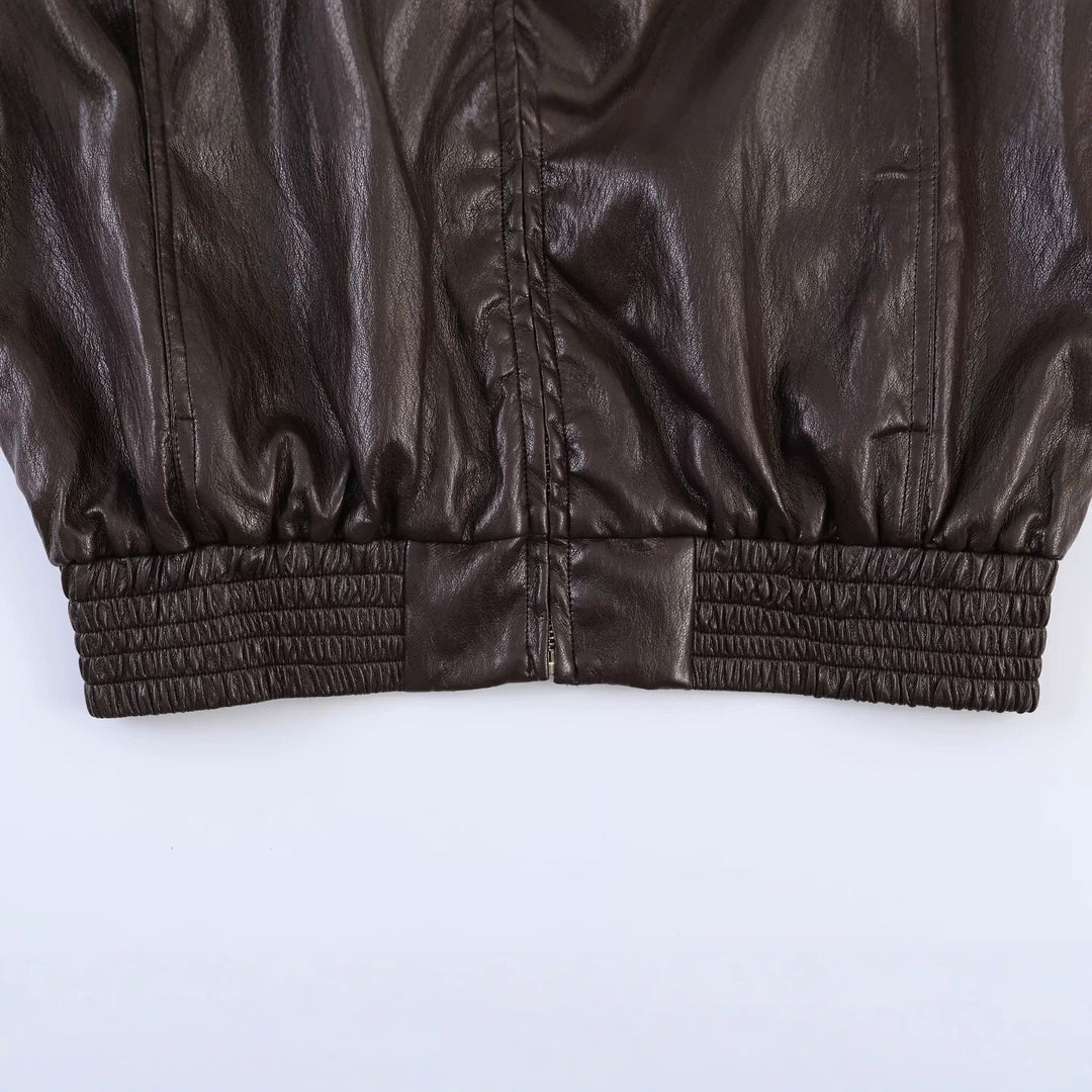 Damen Oversized Bomberjacke in Lederoptik mit hohem Stehkragen und gerafftem Taillenbund Drune