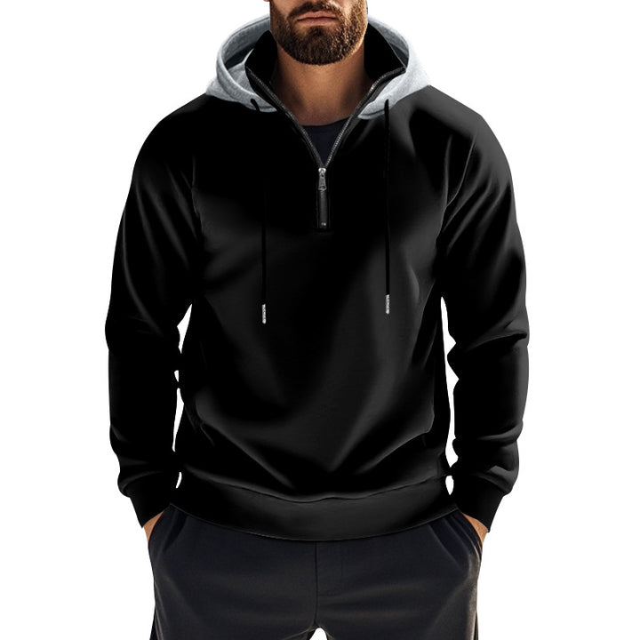 Herren nan sportives Kapuzen-Sweatshirt mit kurzem Frontreißverschluss, kontrastgefütterter Kapuze und elastischen Rippbündchen Drune