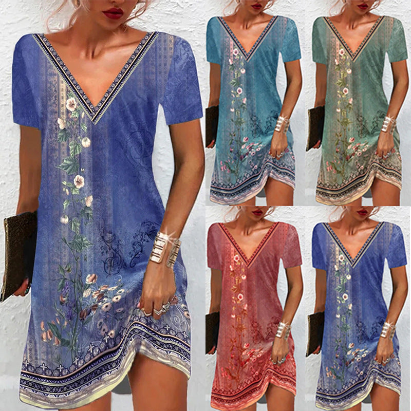 Frauen Floral V-Ausschnitt Tunika Kleid mit Border Print und langen Ärmeln Drune