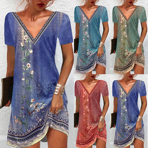 Frauen Floral V-Ausschnitt Tunika Kleid mit Border Print und langen Ärmeln Drune