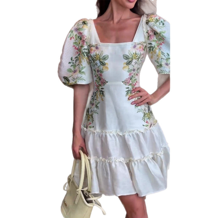 Damen Blumenkleid mit voluminösen Puffärmeln und fließendem Rock Drune