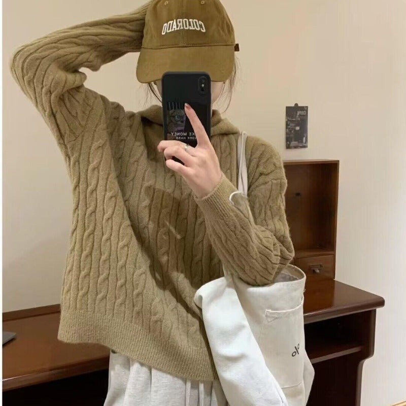 Damen Grobstrickpullover mit Kapuze und Zopfmuster Drune