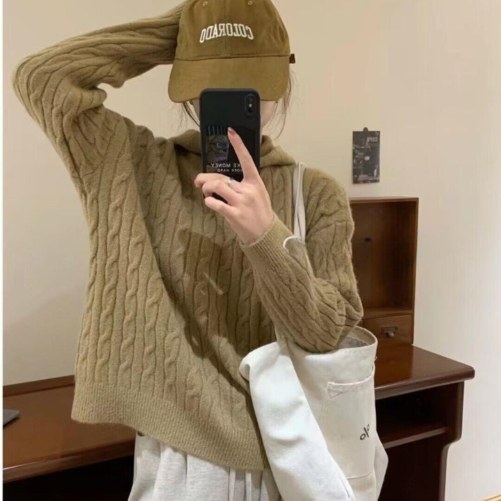 Damen Grobstrickpullover mit Kapuze und Zopfmuster Drune