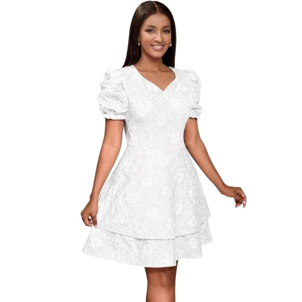 Damen romantisches Kurzarmkleid mit gestuftem Rock Drune