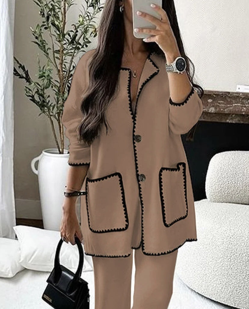 Damen Longline-Strickset mit kontrastbesetzter Strickjacke und weitem Palazzo-Hosen Drune
