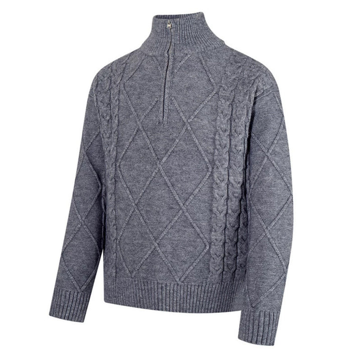 Herren Strickpullover mit Zopfmuster, halbem Reißverschluss und hohem Stehkragen Drune