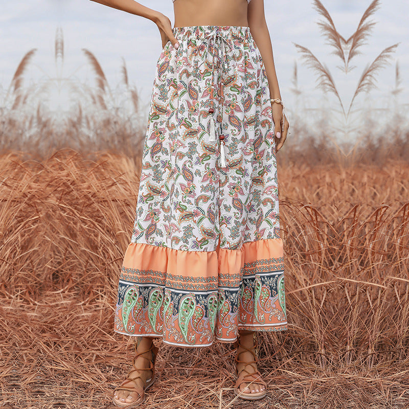 Damen Boho-Maxirock mit Paisley-Alloverprint, elastischem Taillenbund, Tunnelzug und Volantstufe Drune