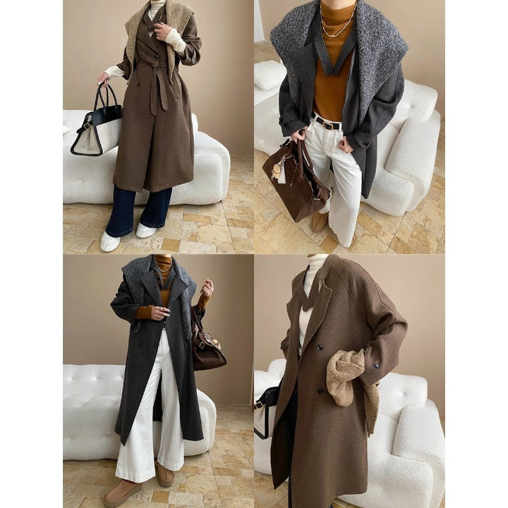 Damen eleganter langer Mantel mit abnehmbarem Kragen und Taschen Drune