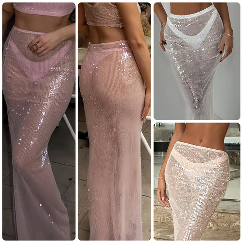 Damen Glitzernder Maxirock mit transparenten Akzenten und schimmerndem Stoff Drune