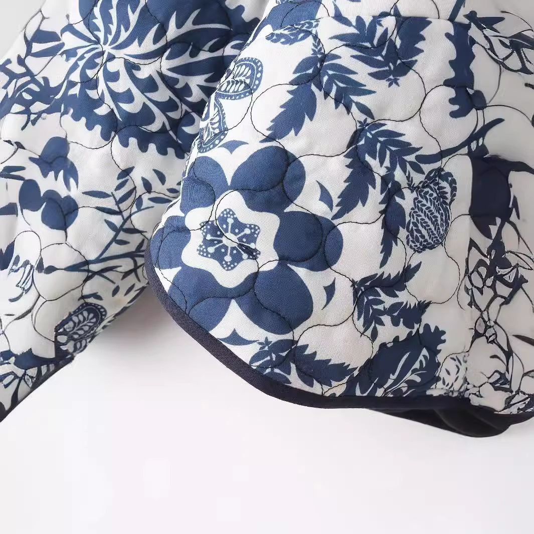 Damen gestepptes Blumenjacke mit innovativen Tasche und Rundhals Drune