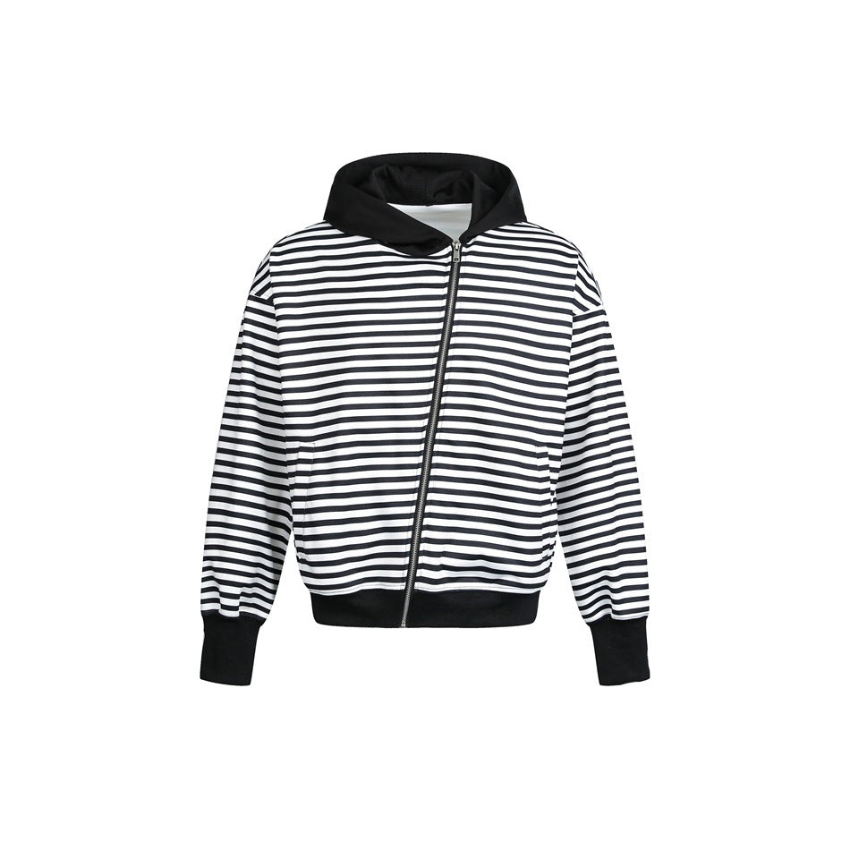 Damen Gestreifte Kapuzen-Zipjacke im Boxy‑Cut mit Rippbündchen und verdeckten Nahttaschen Drune
