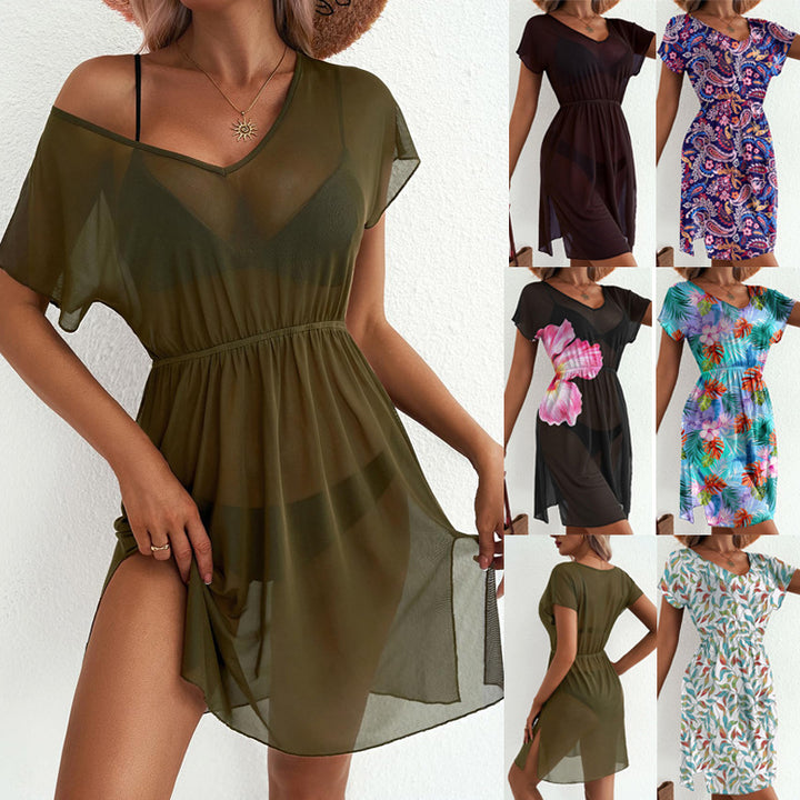 Damen Sommerkleid mit V-Ausschnitt, elastischer Taillenlinie und allover Blätterprint Drune