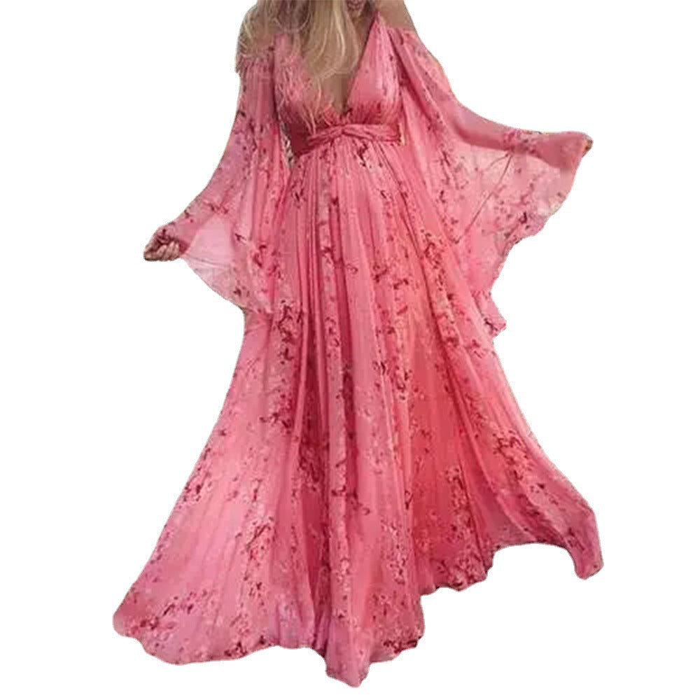 Damen Luftiges Maxi-Kleid mit floralen Akzenten und schwingenden Ärmeln Drune