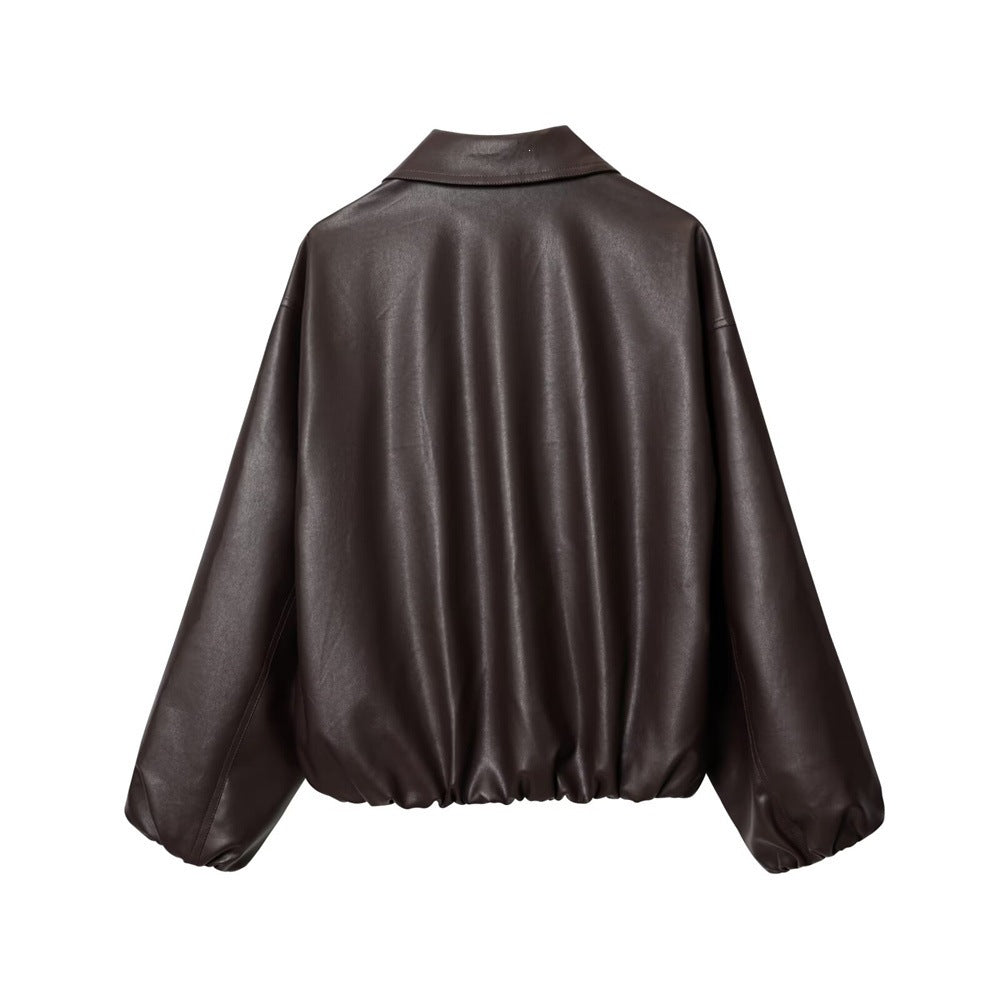 Damen Kurz geschnittener Oversize‑Blouson aus veganem Kunstleder mit Hemdkragen und elastischem Saum Drune