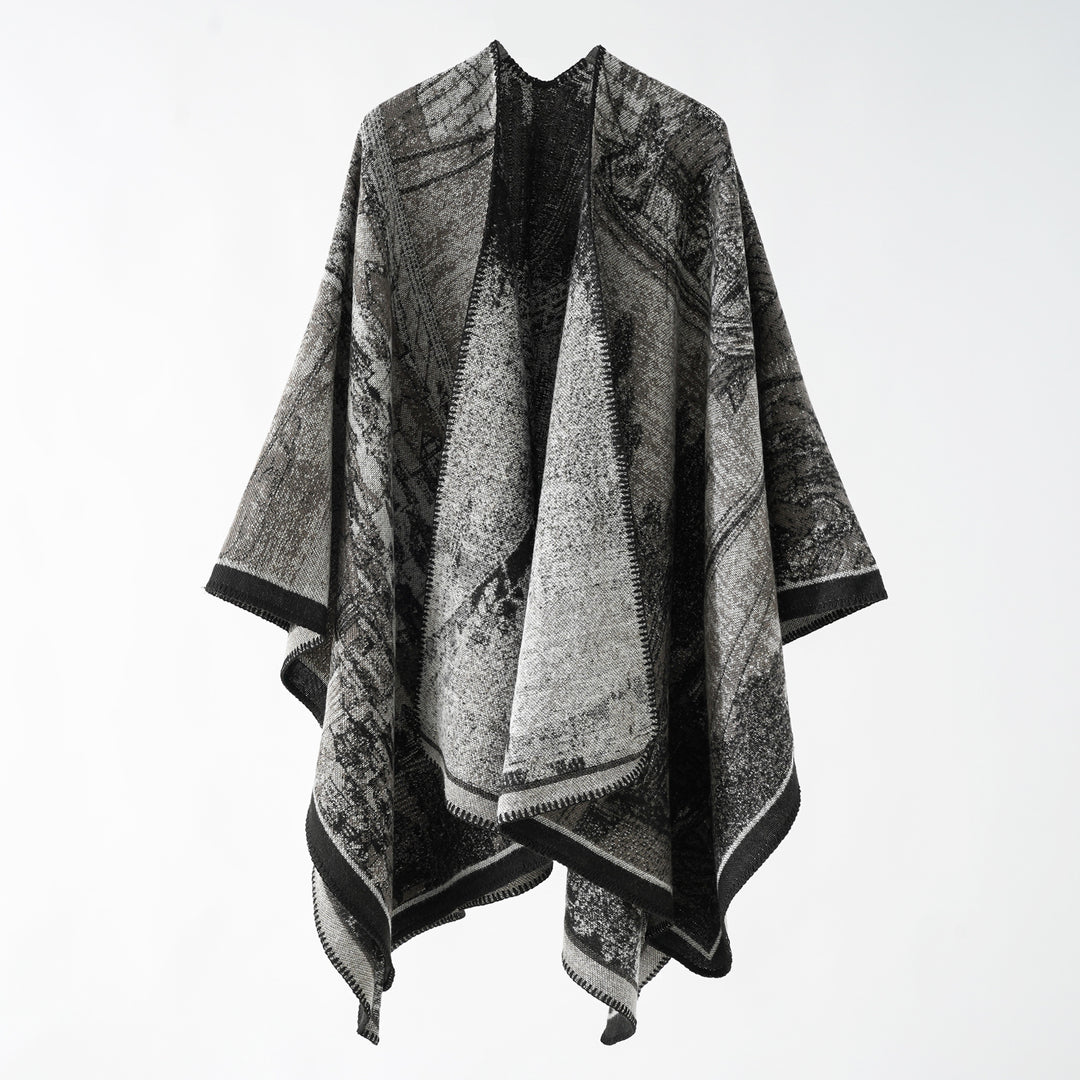 Damen Oversize-Ruana im kastigen Cape mit jacquardgewebter Struktur und weicher Wollmix Drune