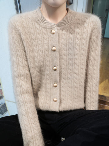 Damen Leichter Zopfstrick-Cardigan in Mohair‑Optik mit dekorativen Perlmuttknöpfen Drune