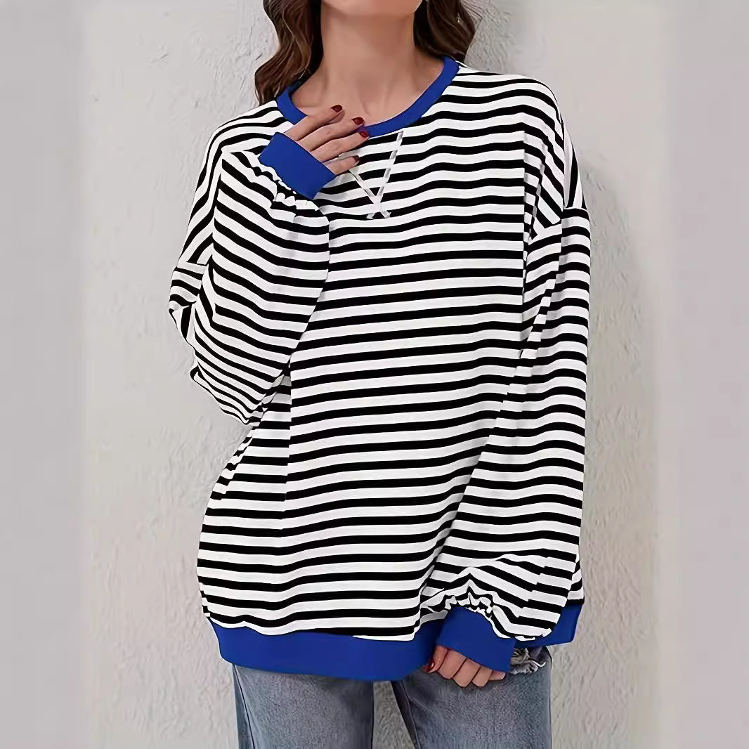 Damen Gestreifter Oversize Pullover mit Kontrastbündchen Drune