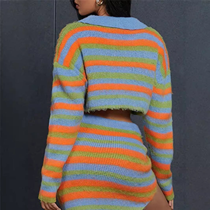 Damen Cropped Strickpullover mit Reißverschluss und buntem Streifenmuster Drune