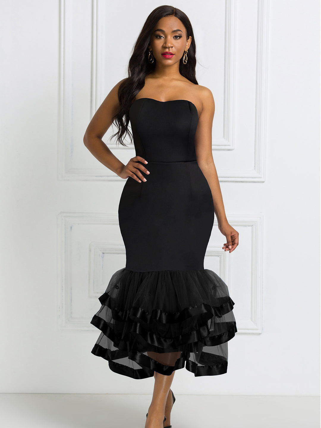 Damen figurbetontes Abendkleid mit schwingendem Rüschensaum Drune