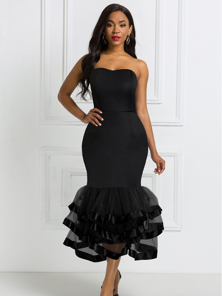 Damen figurbetontes Abendkleid mit schwingendem Rüschensaum Drune