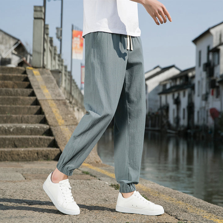 Herren nan tapered Leinen-Baumwoll-Jogger mit Kordelzug, elastischem Knöchelbündchen und schlanker Silhouette Drune