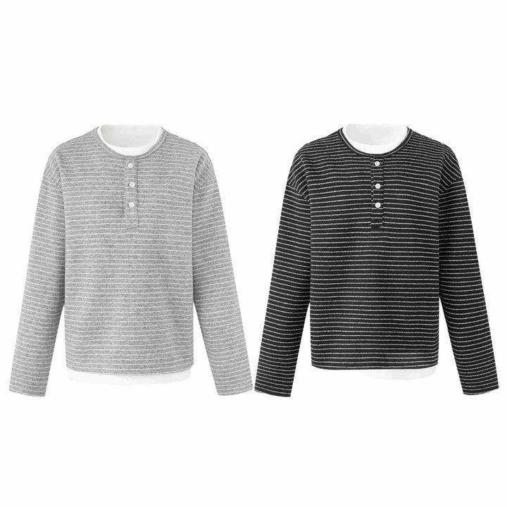 Damen Gestreiftes Langarm-Henley-Shirt mit Knopfleiste und Lagenlook Drune