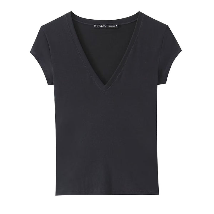 Damen V-Pullover aus hochwertigem Baumwollmix mit kurzer Ärmellänge Drune