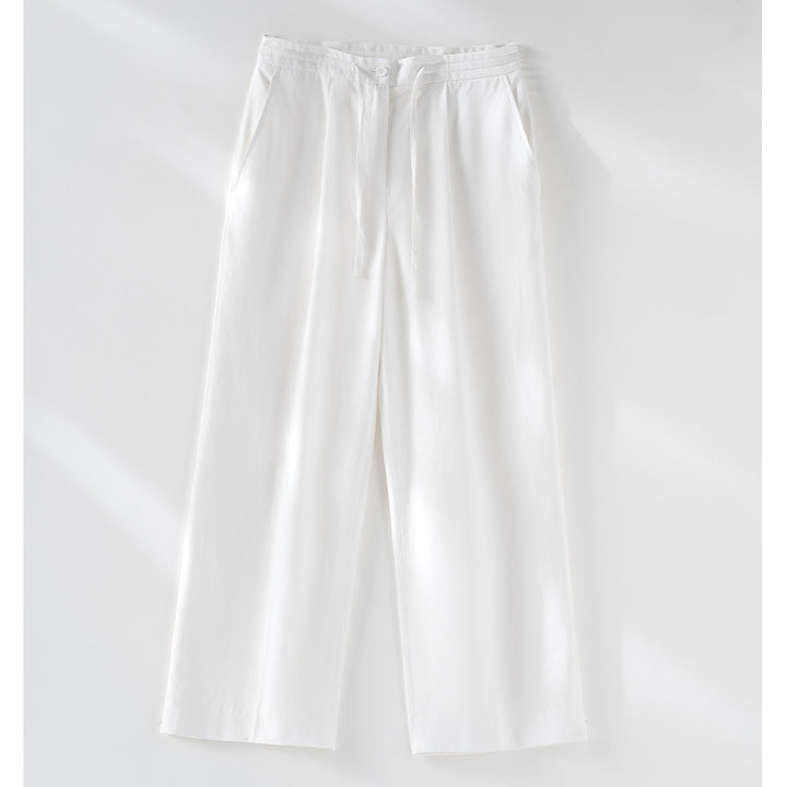 Damen Culotte-ähnliche Leinenhose mit Tunnelzug, Bundfalten und geradem Bein Drune