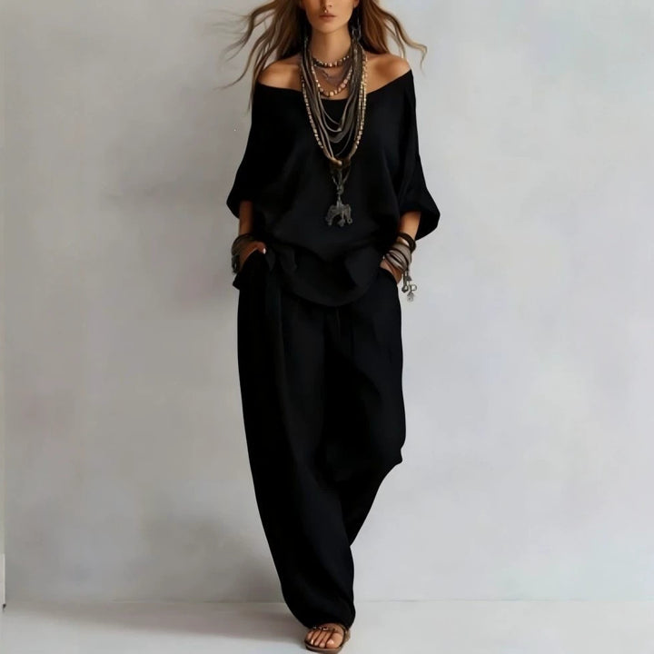 Damen Lässiges Leichtes Lounge-Set mit Carmenausschnitt und Palazzo-Hose Drune
