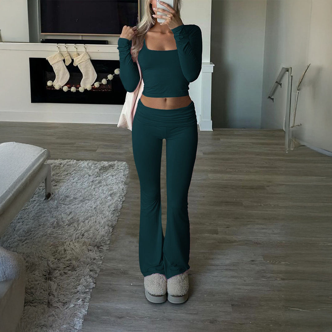 Damen nan figurbetontes Cropped-Set mit langärmeligem Top mit quadratischem Ausschnitt und ausgestellter High‑Waist Yoga-Hose Drune