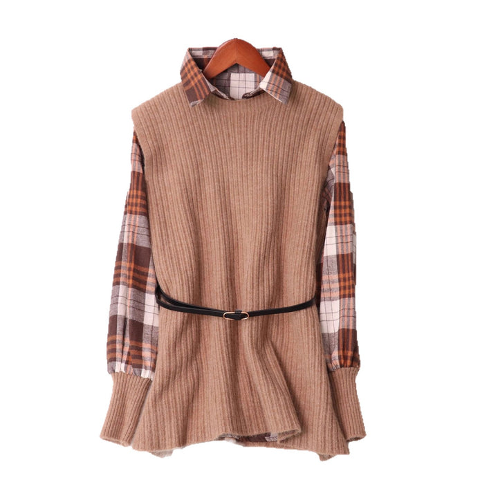 Damen modischer Strickpullover mit ausgefallenem Karohemd und elastischem Taillengürtel Drune