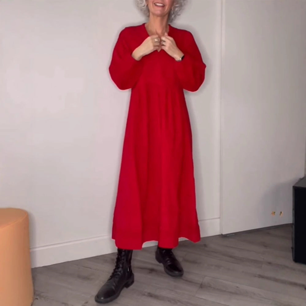 Damen Freizeit Viskose Maxi Kleid mit V-Ausschnitt, Taillennaht und Ballonärmeln Drune