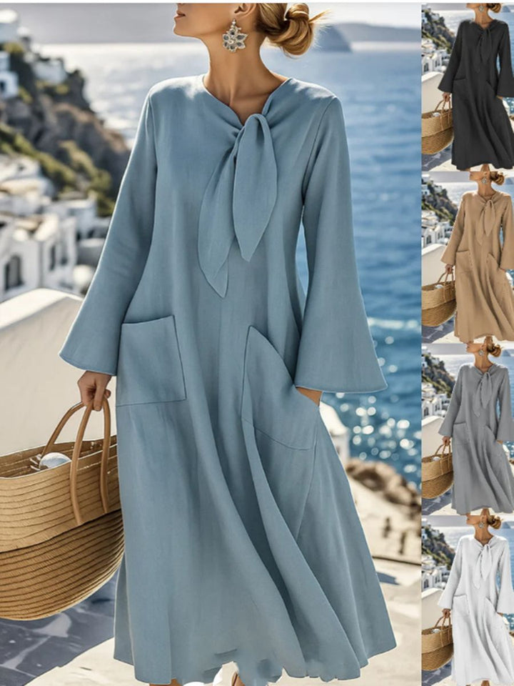 Damen Langes A-Linien-Kleid mit Schleifenkragen und aufgesetzten Taschen Drune