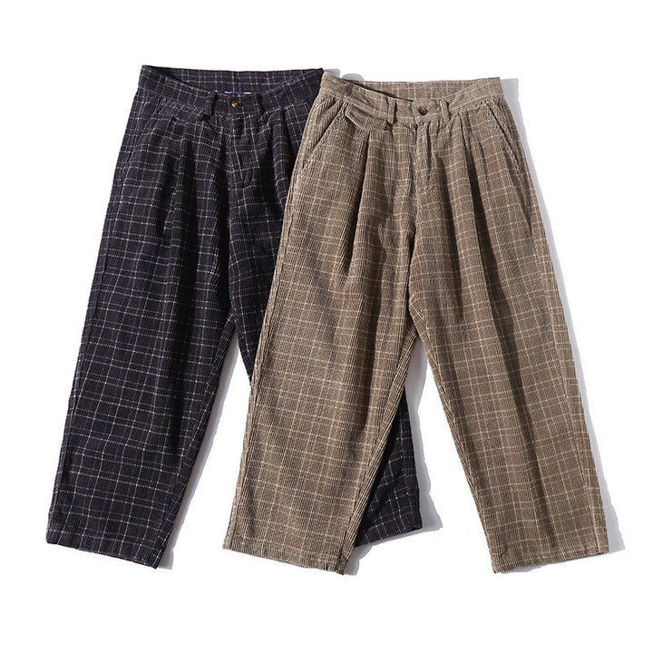 Herren Weite Cordhose mit Falten, Cropped‑Schnitt und Karomuster Drune