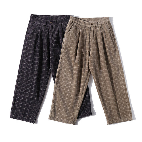 Herren Weite Cordhose mit Falten, Cropped‑Schnitt und Karomuster Drune