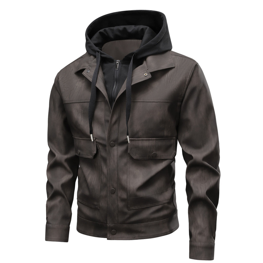 Herren Modische Kunstlederjacke mit Hoodie Drune