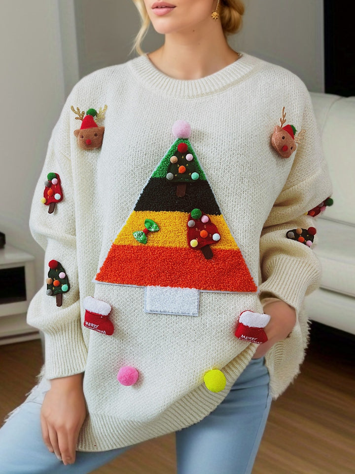 Damen Weihnachts-Pullover mit festlichem 3D-Motiv und dekorativen Applikationen Drune