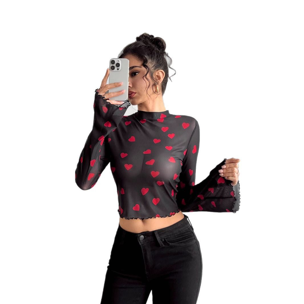 Damen nan transparentes Paisley-Netz-Kurzoberteil mit Stehkragen, Trompetenärmeln und gewelltem Saum Drune