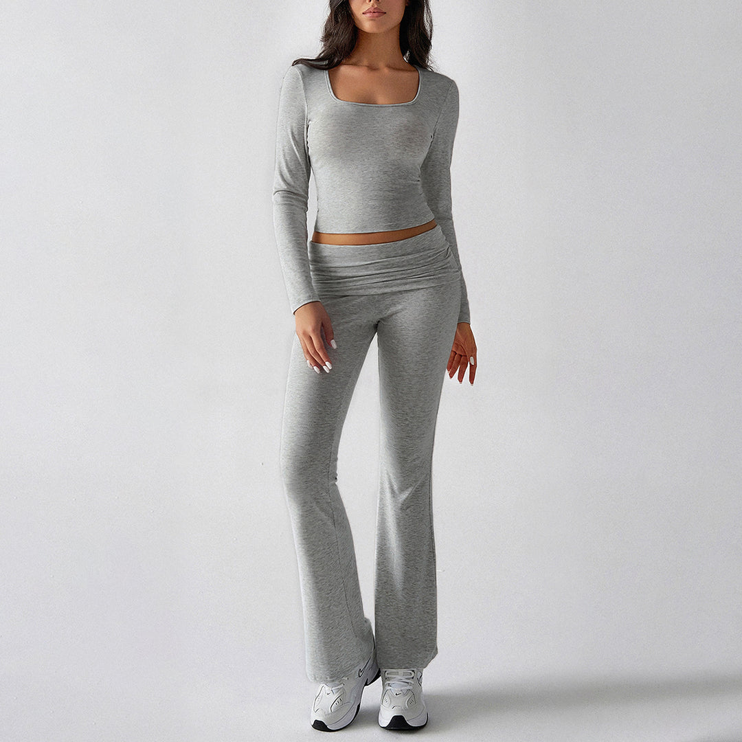 Damen nan figurbetontes Cropped-Set mit langärmeligem Top mit quadratischem Ausschnitt und ausgestellter High‑Waist Yoga-Hose Drune