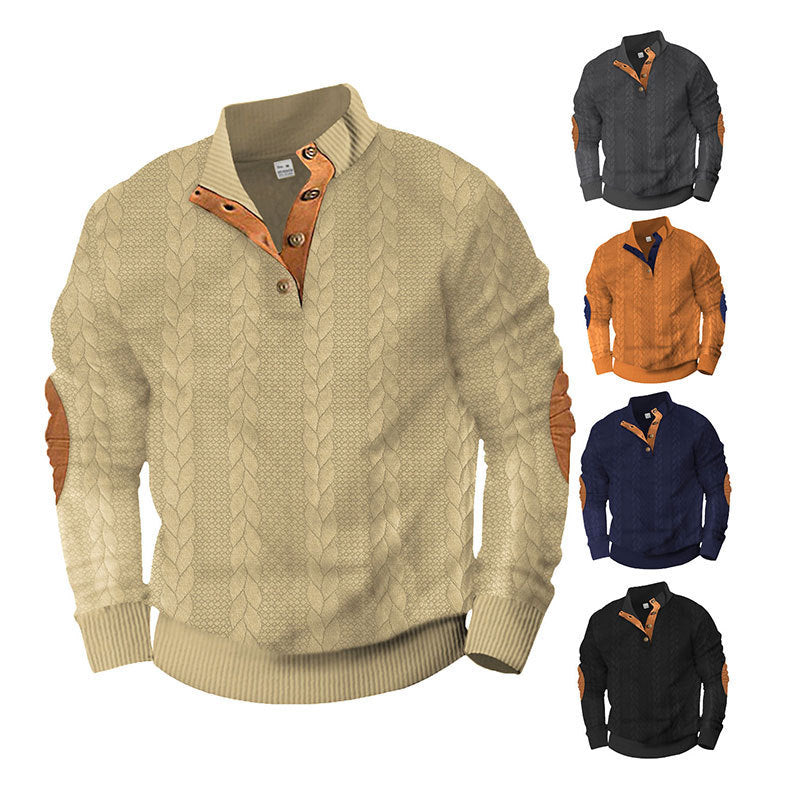 Herren Kabelstrick-Pullover mit Stehkragen, Knopfleiste & Ellbogenpatches Drune