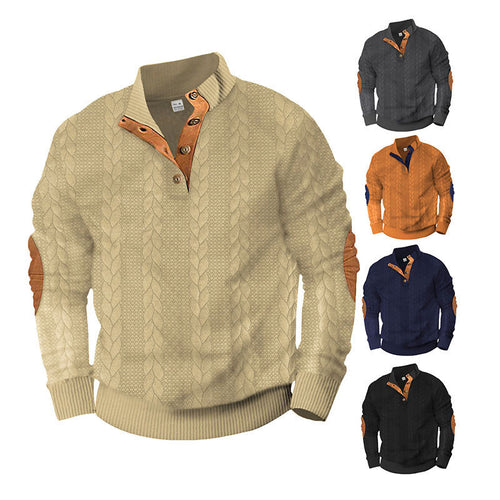 Herren Kabelstrick-Pullover mit Stehkragen, Knopfleiste & Ellbogenpatches Drune