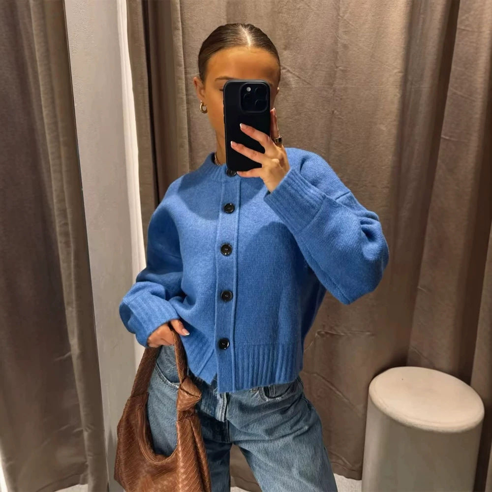 Damen Kurze Boxy-Strickjacke mit großer Knopfleiste, geripptem Saum & Volumenärmeln Drune