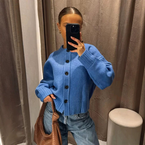 Damen Kurze Boxy-Strickjacke mit großer Knopfleiste, geripptem Saum & Volumenärmeln Drune