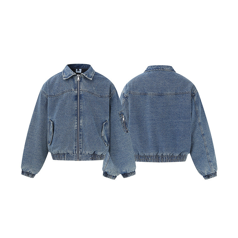 Unisex Boxy Denim‑Blousonjacke mit durchgehendem Reißverschluss, elastischem Saum und Ärmelutilitytasche Drune